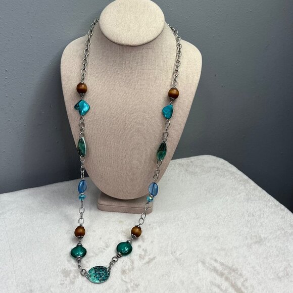 Chunky Stone Statement Necklace Turquoise Color Boho Southwestern Silver Tone - Picture 2 of 8